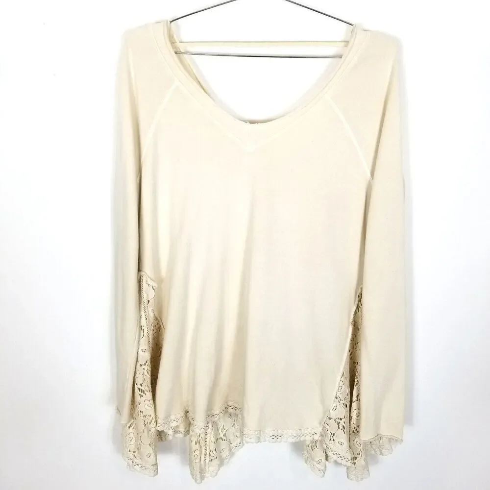 FREE PEOPLE Women No Frills Lace Inset Pullover Asymmetrical Sweater  S‎  Ivory
